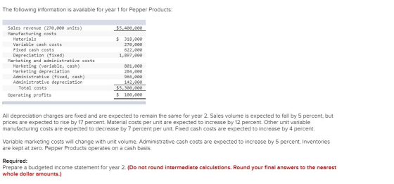 The following information is available for year 1 for Pepper Products: $5,400,000 $ 318,000 270,000 622,000 1,897,000 Sales r