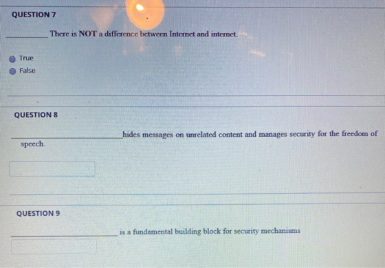 QUESTION 7 There is NOT a difference between Internet and internet. True False QUESTION 8 hides messages on unrelated content