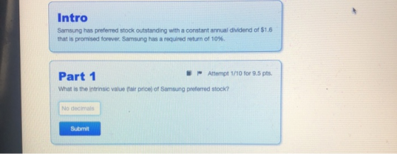 Intro Samsung has preferred stock outstanding with a constant annual dividend of $1.6 that is promised forever. Samsung has a