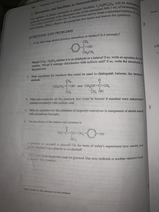 l be demon 1.of benzenethic ated solution of Nume answer the questions. 200 Chendety and Life 3. Mercaptans and Disulfides (a