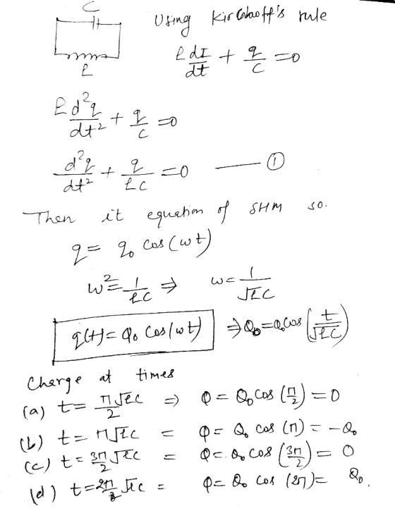 U С Using kirGooffs rule Lored edt + 4 =0 Eal do Ed + 20 + 20 -0 it equation of Sum Then so. q=% cas (wt) we like wat mic I
