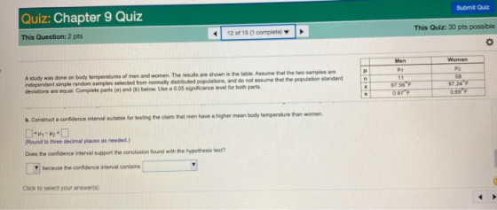 Submit Quiz Quiz: Chapter 9 Quiz This Question: 2 pts 12 of 15 complet This Quiz: 30 pts possible A study was done on body te