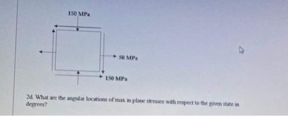 150 MPa 50 MPa 150 MPa 2d. What are the angular locations of max in plane stresses with respect to the given state in degrees