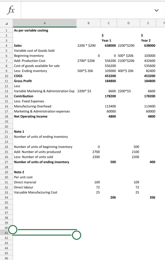 fx B С D E F 1 As per variable costing 2 3 $ Year 1 638000 2200*$290 $ Year 2 638000 4 5 6 0 103000 7 432600 8 0500* $206 556