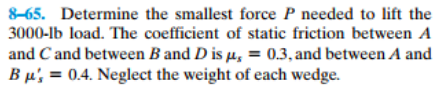 8-65. Determine the smallest force P needed to lift the 3000-lb load. The coefficient of static friction between A and Cand between Band D is 0.3,and between A and B 0.4. Neglect the weight of each wedge.