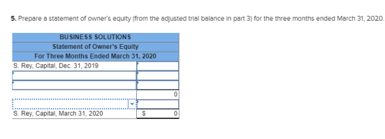 5. Prepare a statement of owners equity (from the adjusted trial balance in part 3) for the three months ended March 31, 202