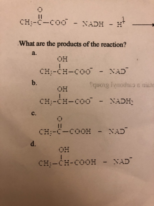 CH:-C-coo - SADH - H+ What are the products of the reaction? a. OH CH:-CH-COo - XD Squong Ivatodico cristo OH CH:-CH-COO - NA