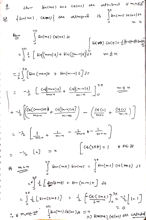 AZ gum A orthogonal are ol show (osent) Sin (mt) and 20 orthogond if Sin (mt) (y (2+) Sincm+), (4 foot)} are Sel = Now Sin(m