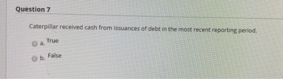 Question 7 Caterpillar received cash from issuances of debt in the most recent reporting period. a. True b. False