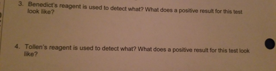 3. Benedicts reagent is used to detect what? What does a positive result for this test look like? 4. Tollens reagent is use