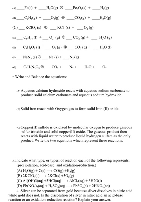 (1) _ Fe(s) + _ H20(g) Ⓡ_ Fe;0) + H () (B) __CH_(g) + _029) Ⓡ_CO2(g) + _H2O(g) (C)_KCIO, (s) ® KCI (s) + 0,(g) __CH4 (1) +_02