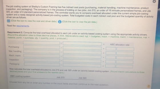 The job costing system at Shelbys Custom Framing has five indirect cost pools (purchasing, material handling, machine mainte