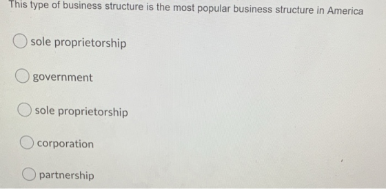 This type of business structure is the most popular business structure in America sole proprietorship government sole proprie