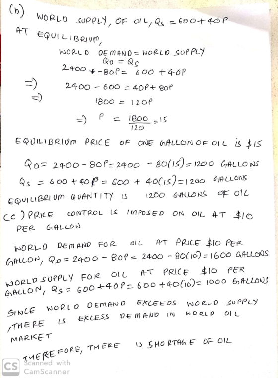 (b) WORLD WORLD SUPPLY, OF OIL, Qs = 600+40p AT EQUILIBRIUM, WORLD DEMAND = WORLD SUPPLY QO = QS 2400 -80P= 600 + 40P =) 2400