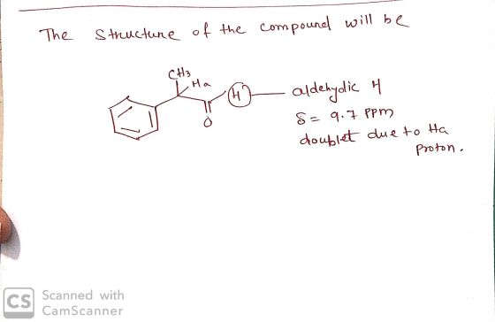 The structure of the compound will be e ka h aldehydic 4 S = 9.7 ppm doublet due to Ha proton. CS Scanned with CamScanner