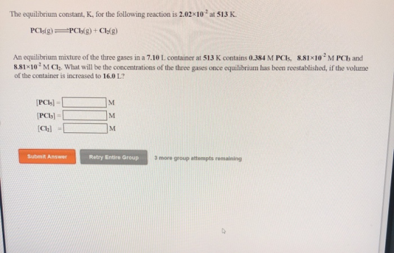 The equilibrium constant, K, for the following reaction is 2.02x10 at 513 K. PC13(g) = PCH(g) + Chz(g) An equilibrium mixture