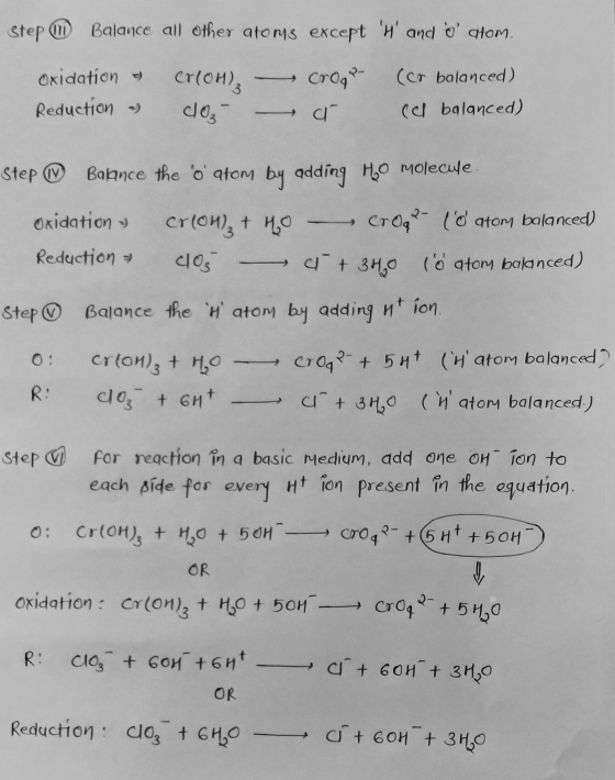 Step ( Balance all other atoms except H and O atom Oxidation Reduction - Cr(OH)3 (103) Croqp c (cr balanced) (cl balanced)
