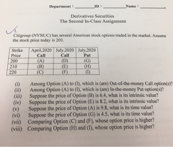 Department : _ID: Name : Derivatives Securities The Second In-Class Assignment Citigroup (NYSE:C) has several American stock