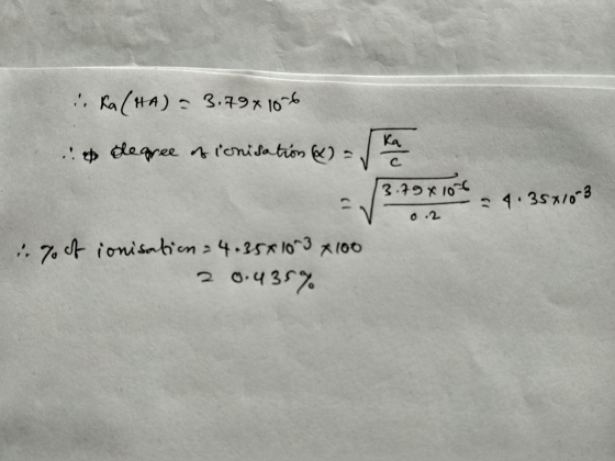 . Ka (HA) - 3.79x106 & degree of ionisation & in 70 of ionisation = 4.358103 x 100 20.435%