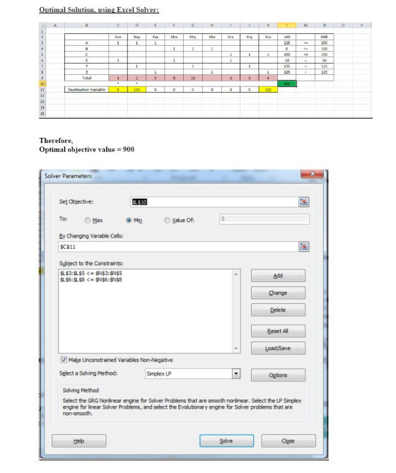 Optimal Solution, using Excel Solver: A B c. D E F G н тік L M N OP 1 2 Xb Xby Xbz Xex Хcy Xcz LHS RHS Xax 1 Xay 1 Xaz 1 3 A