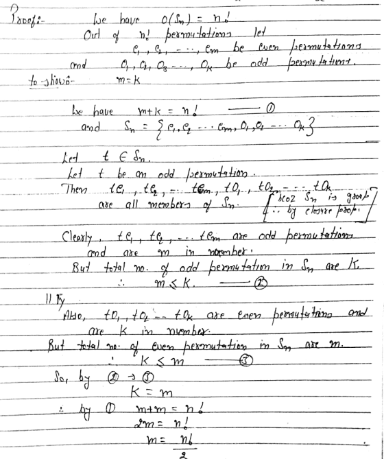Pobode - we have o(sn) = n! Out of n permutations let G, G ., em be even /comutations and O, O, O , O be add permutations. to