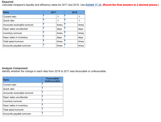 Required: Calculate Airspaces liquidity and efficiency ratios for 2017 and 2016. Use Exhibit 17.14. (Round the final answers