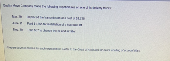 Quality Move Company made the following expenditures on one of its delivery trucks: Mar. 20 June 11 Replaced the transmission