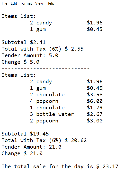 File Edit Format View Help Items list: 2 candy $1.96 $0.45 1 gum Subtotal $2.41 Total with Tax (6%) $ 2.55 Tender Amount: 5.0
