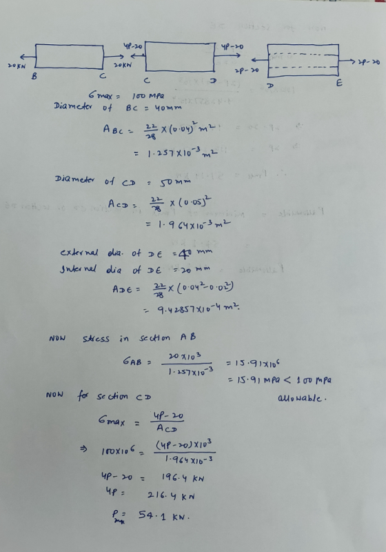 W-20 20KN Dia meter of Bc=40mm 1.257x10,- a. of E АЗе= 2스 x (o.oy?-o.oッ 28 NoN sess in Section A lB 20 지03 GAB NoN for se ction ca auo wable Gmax uf 20 AcD P 54.1 KN.