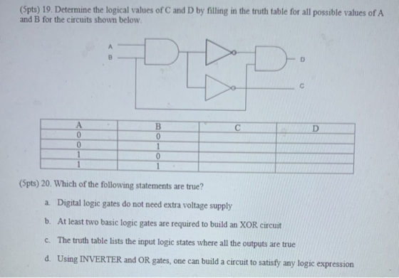 (5pts) 19. Determine the logical values of C and D by filling in the truth table for all possible values of A and B for the c