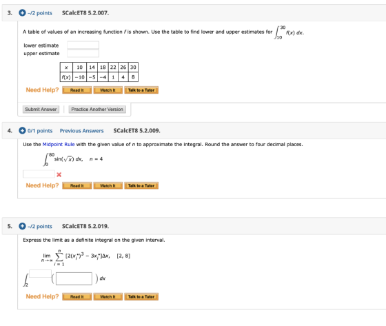 3. + -12 points CalcET8 5.2.007. A table of values of an increasing function f is shown. Use the table to find lower and uppe