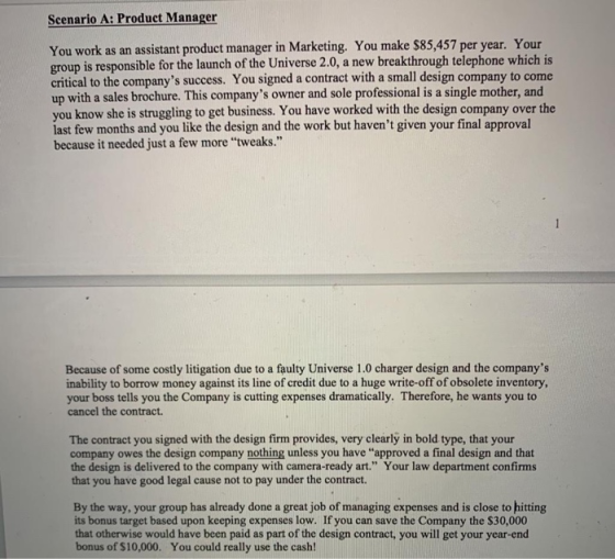Scenario A: Product Manager You work as an assistant product manager in Marketing. You make $85,457 per year. Your group is r