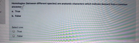 Homologies (between different species) are anatomic characters which indicate descent from a common ancestor a. True b. False