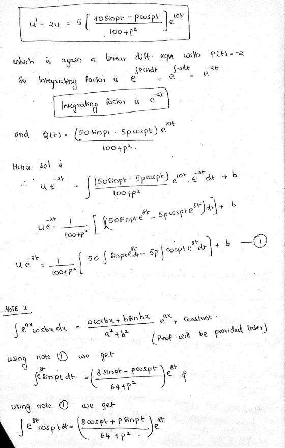 lot u-au 10 Kippt -- prospt ]e 100+pa PCE) = -2 which u again linear diff. eqn with Splidt s-adt factor e -at e e so Integrat