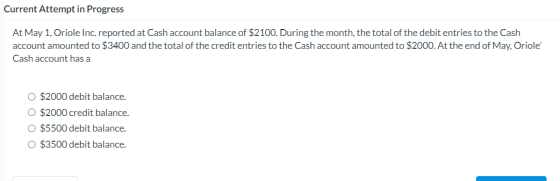 Current Attempt in Progress At May 1, Oriole Inc. reported at Cash account balance of $2100. During the month, the total of t