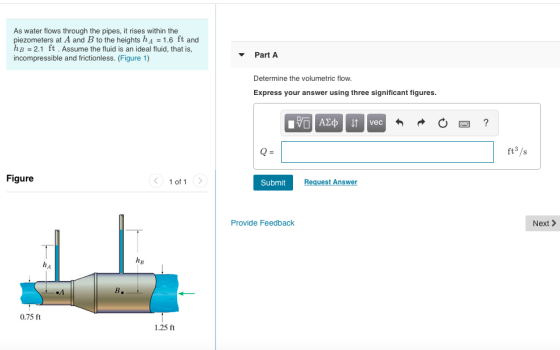 As water flows through the pipes, it rises within the piezometers at A and B to the heights h A = 1.6 ft and hB = 2.1 ft Assu