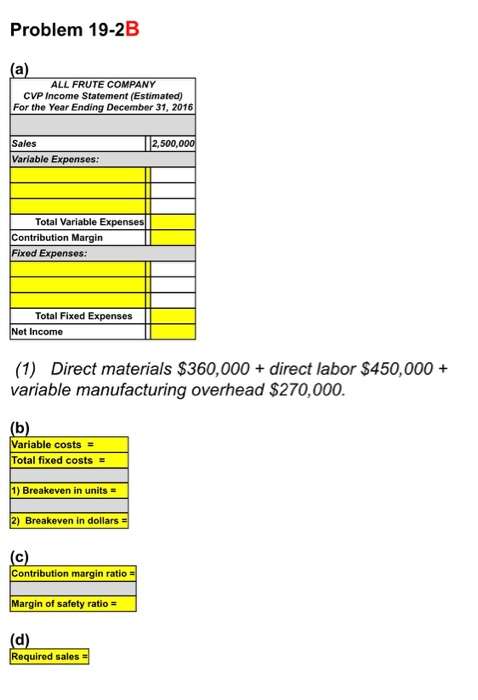 Problem 19-2B (a) ALL FRUTE COMPANY CVP Income Statement (Estimated) For the Year Ending December 31, 2016 2.500,000 Sales Va