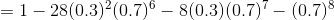 =1-28(0.3)^{2}(0.7)^{6}-8(0.3)(0.7)^{7}-(0.7)^{8}