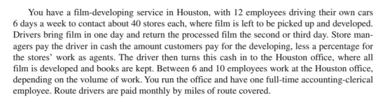 You have a film-developing service in Houston, with 12 employees driving their own cars 6 days a week to contact about 40 sto