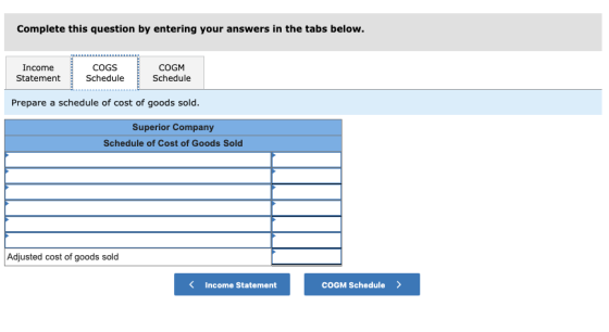 Complete this question by entering your answers in the tabs below. Income Statement COGS Schedule COGM Schedule Prepare a sch