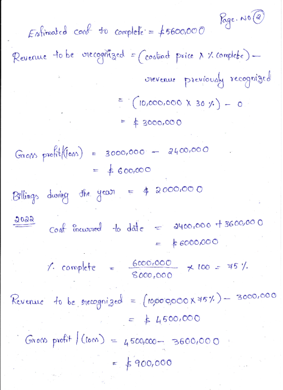 page.no @ te = $5600,000 Esfirmated cook to complete = $5600,000 Revenue to be orecognized = (costract price X %. complete)