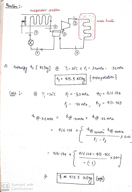 Question:- evaporater section of us wath heater 3 ป 3 co Enthalpy hi [ kilkg] @ Ti = 20°C & P = 320kla = .32MPa 7,- 415.5 kil