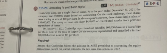Ut on the A.S.P.E suming How would a shareholder interpret the reduction P13-20. Accounting for contributed capital L.O. 13-3