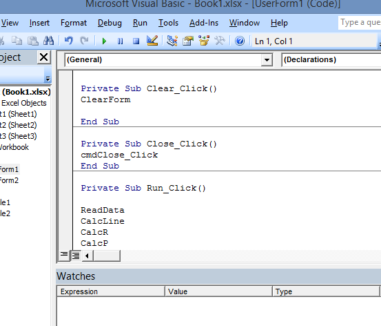 Microsoft Visual Basic- Book1.xlsx-Usertorm 1 (Code)] View Insert Format Debug Run Iools Add-Ins Window Help Type a que ect (