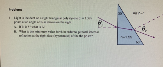 Problems 30 Air n=1 . 1. Light is incident on a right triangular polystyrene (n = 1.59) prism at an angle of 6 as shown on th