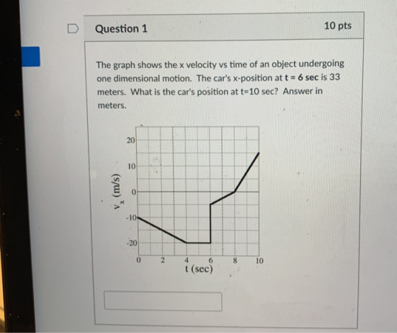 10 pts D Question 1 The graph shows the x velocity vs time of an object undergoing one dimensional motion. The cars x-position at t - 6 sec is 33 meters. What is the cars position at t-10 sec? Answer in meters 20 10 0 10 20 8 10 4 t (sec) 2