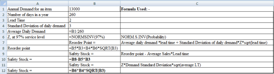 A B 1 Annual Demand for an item 13000 Formula Used: - 2 Number of days in a year 260 3 Lead Time 4 Standard Deviation of dail