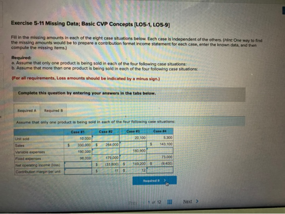 Exercise 5-11 Missing Data; Basic CVP Concepts [LO5-1, LO5-9) Fill in the missing amounts in each of the eight case situation