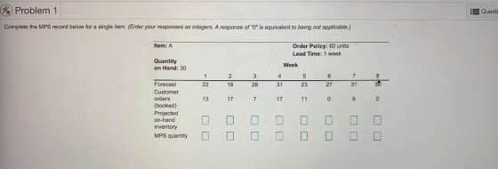 % Problem 1 Questi Complete the MPS record below for a single item. (Enter your responses as integers. A response of 0 is e