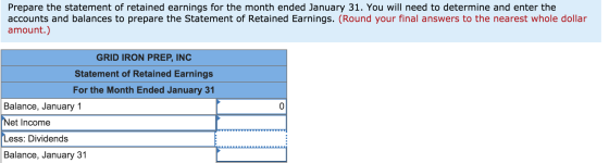 Prepare the statement of retained earnings for the month ended January 31. You will need to determine and enter the accounts